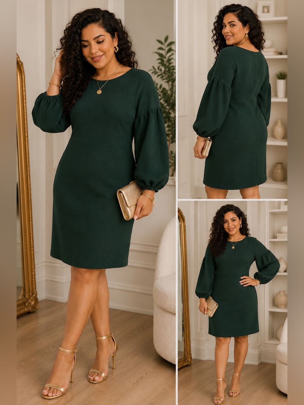 Eloquii Emerald Green Textured Balloon Sleeve Dress Size 14